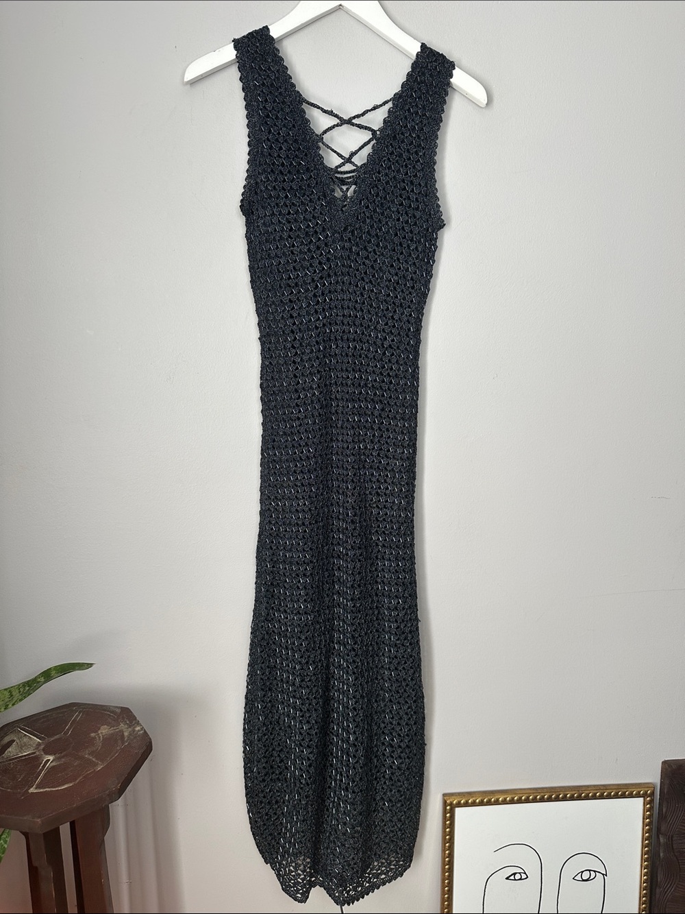 Newport News Black Crochet Beaded  V‑Neck Sleeveless Maxi Dress